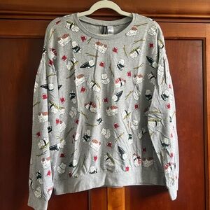 H&M Divided Sushi Cats Long Sleeve Gray Crewneck Shirt XL